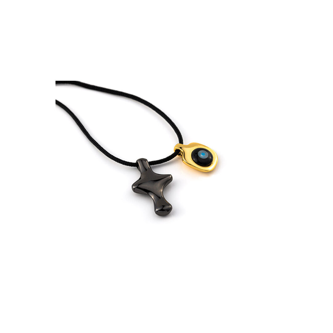 Black Platinum Plated Cross Necklace with Evil Eye