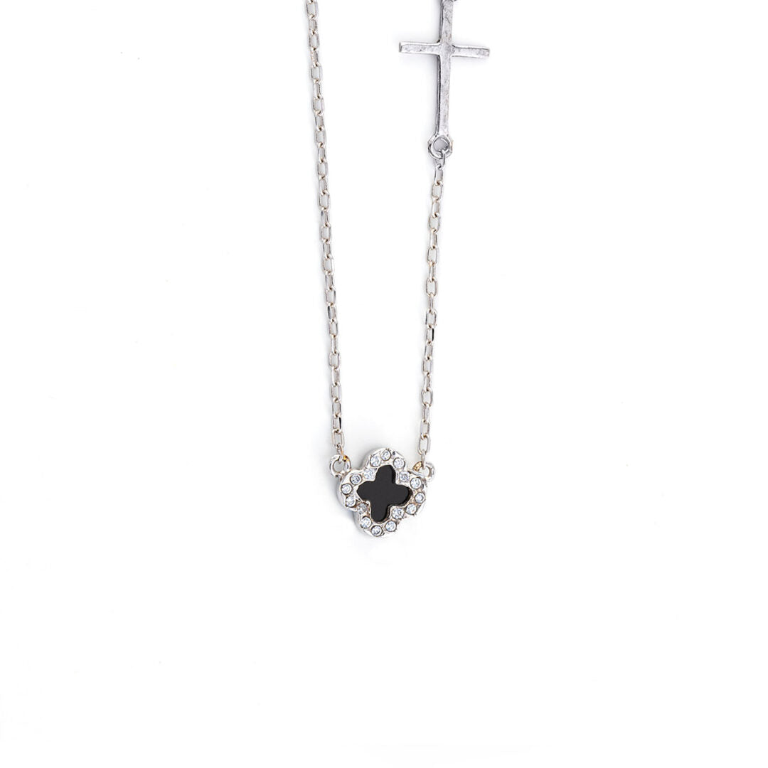 Black Onyx Cross Necklace with White Zircon - 14k Gold