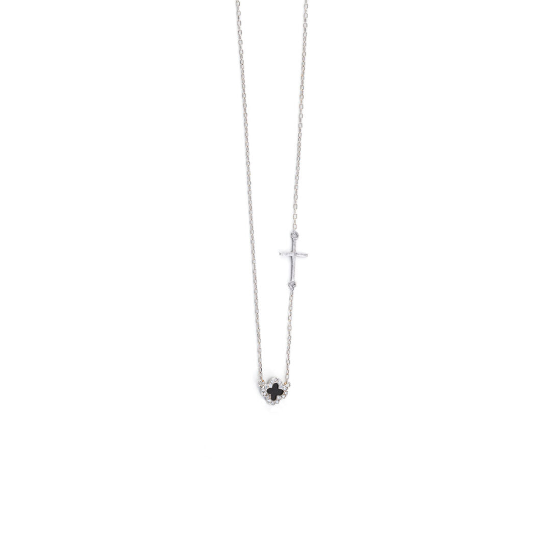 Black Onyx Cross Necklace with White Zircon - 14k Gold