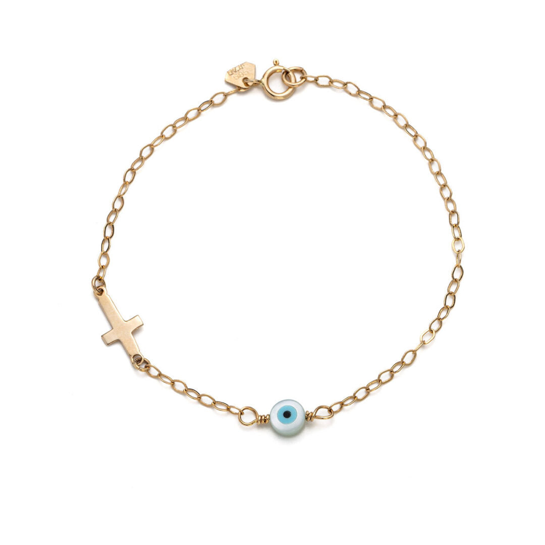 Blue White Eye Bracelet with Cross - 14k Gold