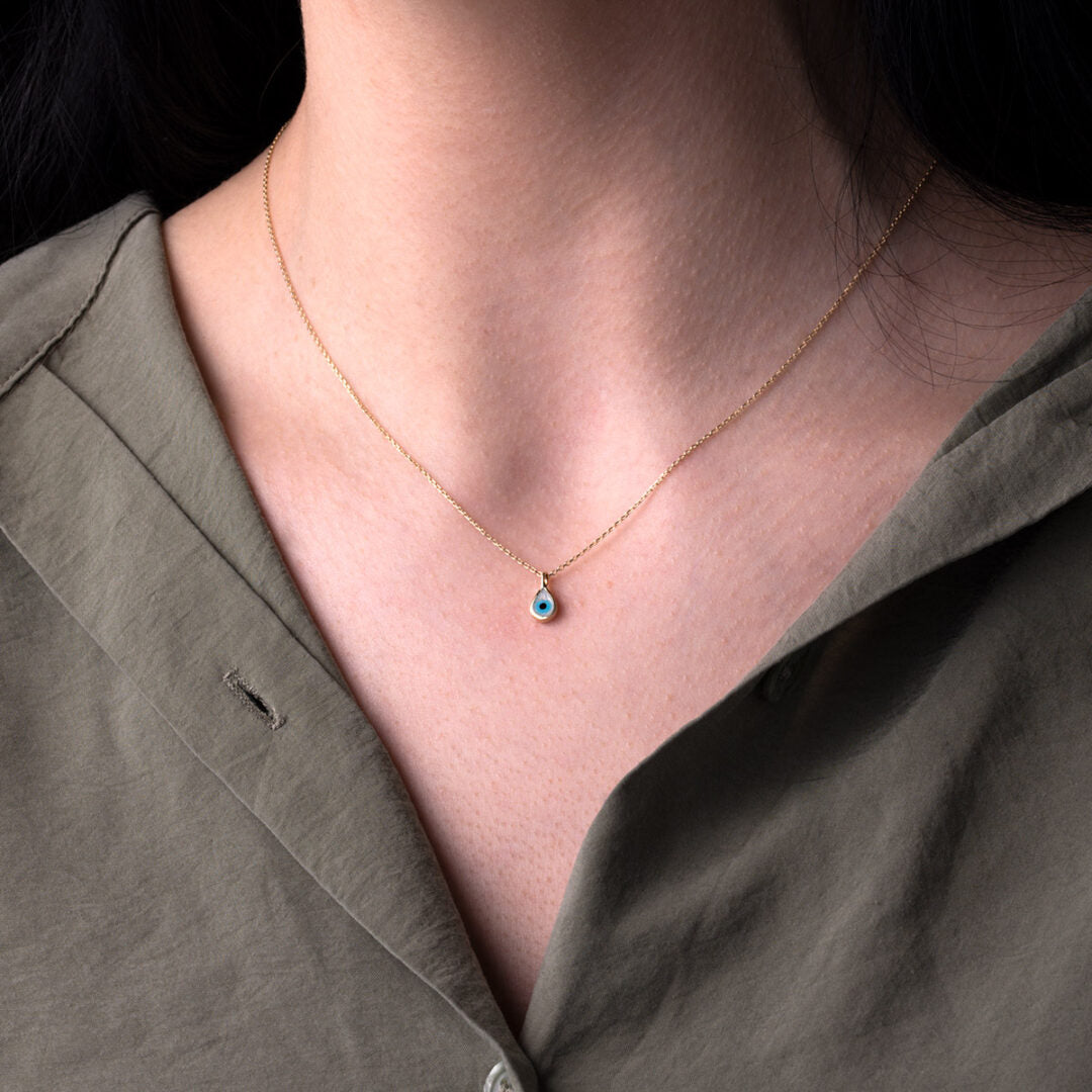 Tear Drop Eye Necklace with Enamel - 14k Gold