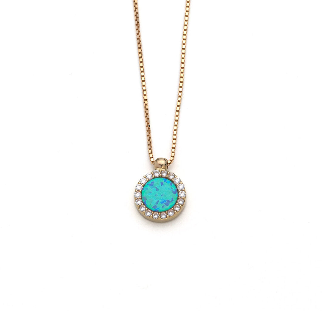 Blue Opal Necklace with Zircon - 14k Gold