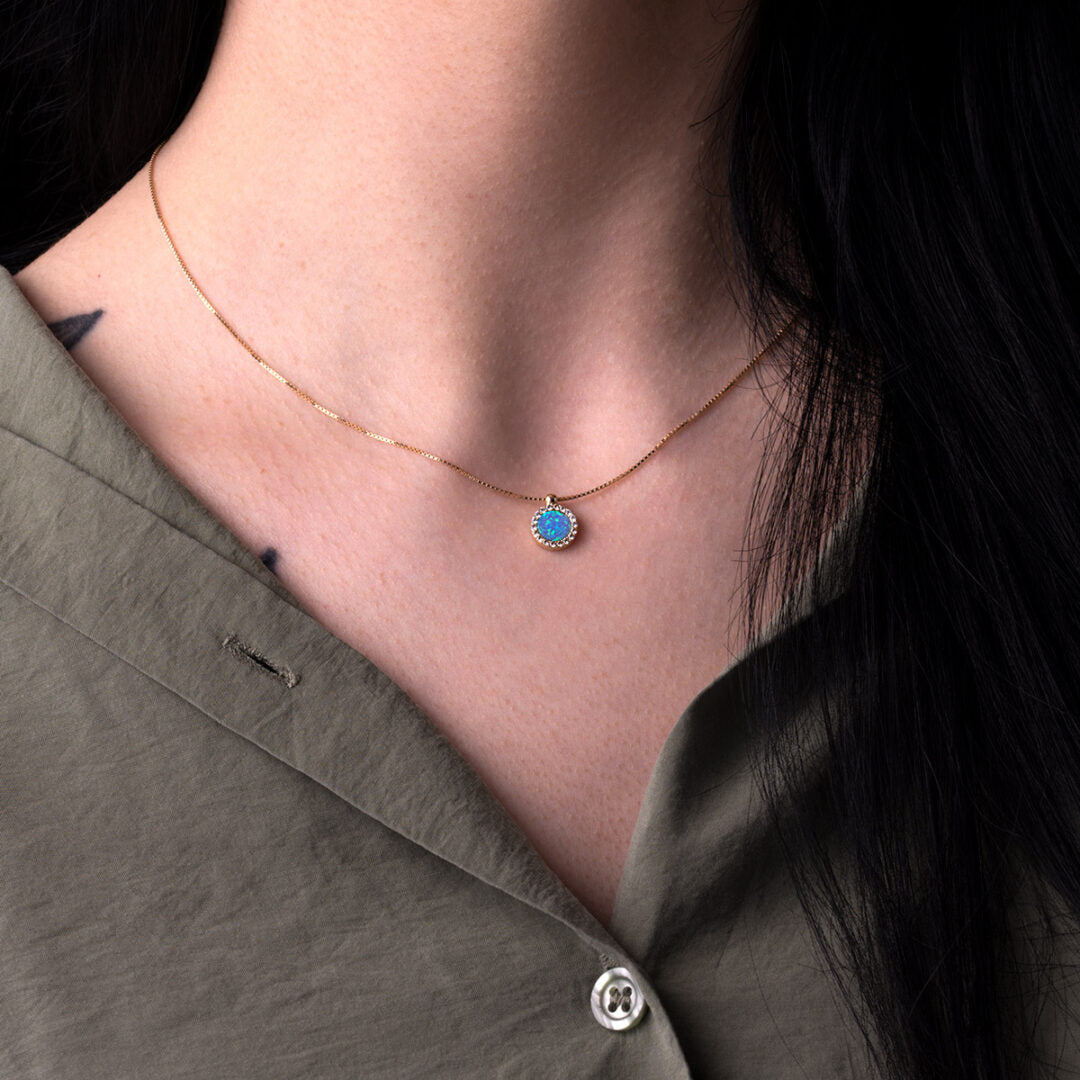 Blue Opal Necklace with Zircon - 14k Gold