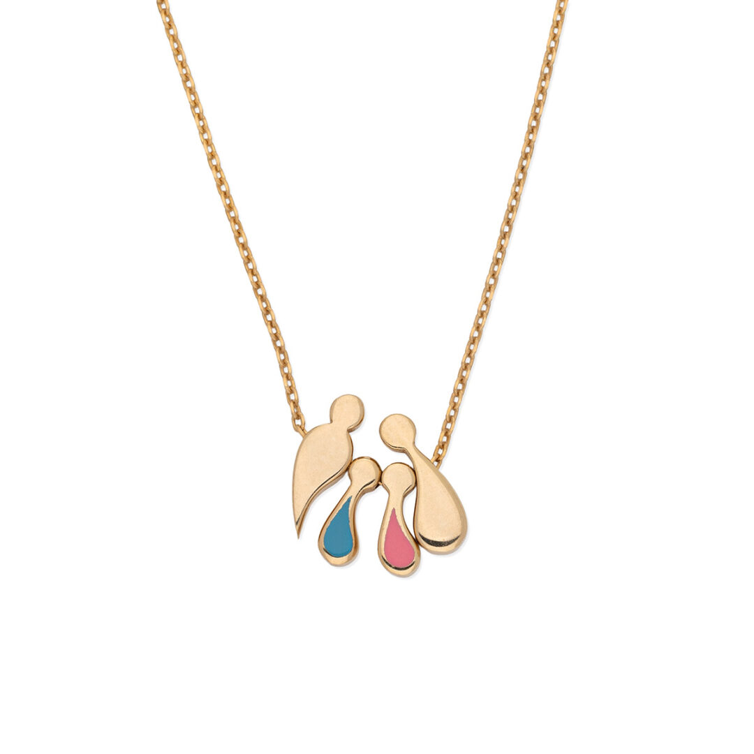 Family Necklace with Parents Son and Daughter Pendant - 9K Gold