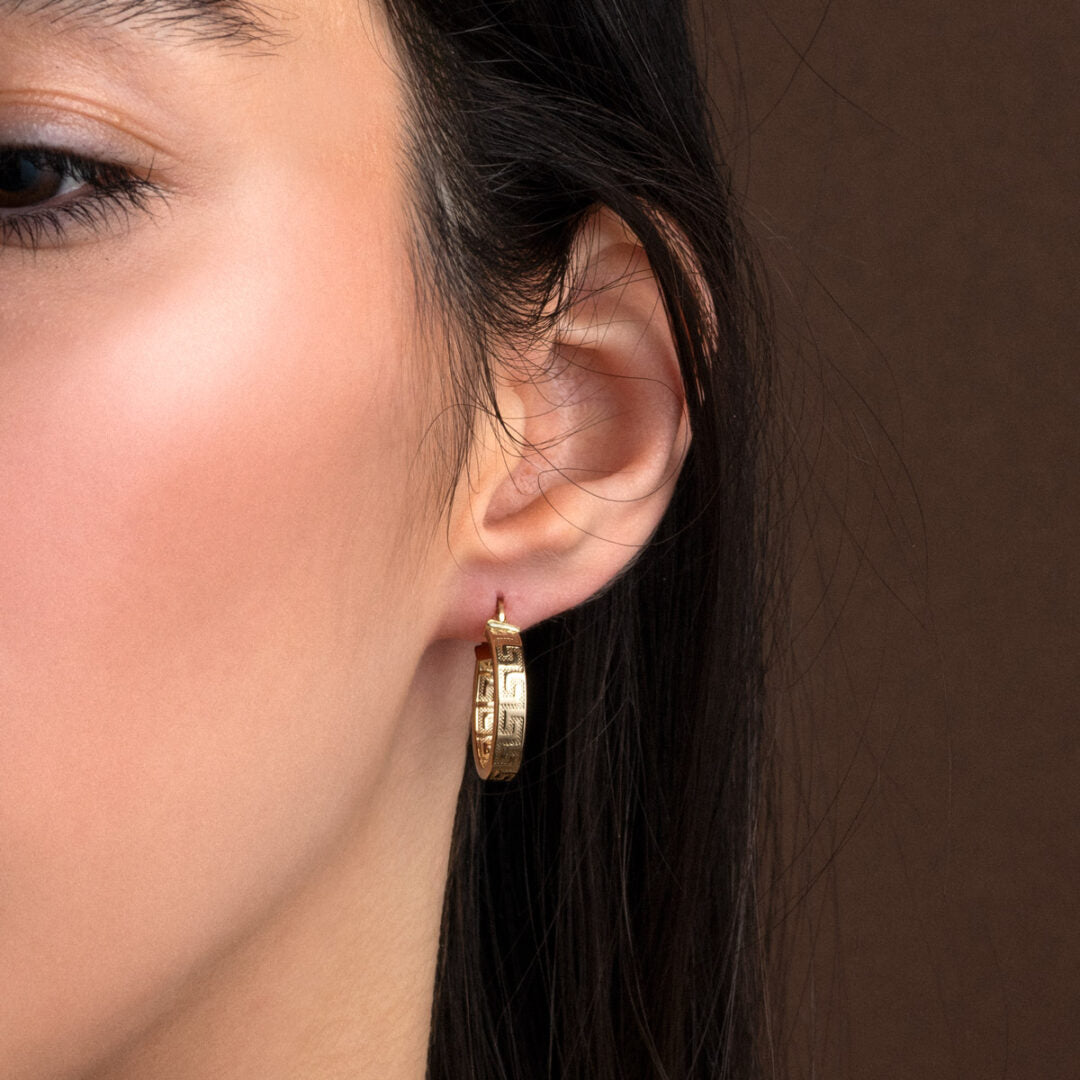 14K Gold Greek Key Hoop Earrings