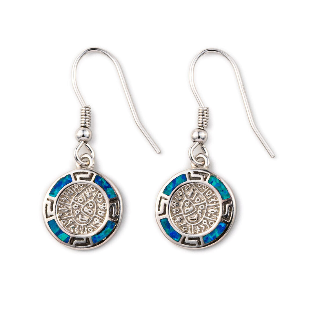 Phaistos Disc Dangle Earrings - 925 Sterling Silver with Opal