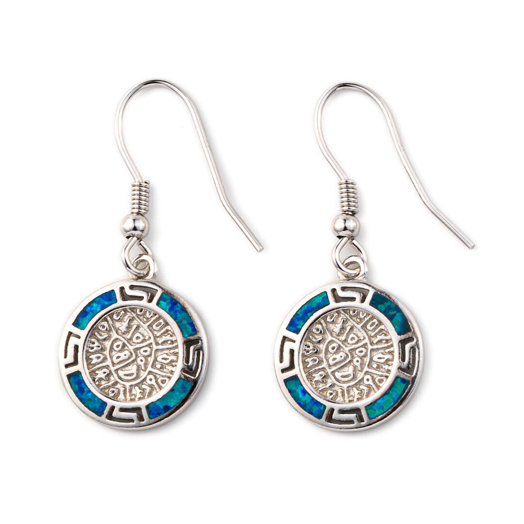 Phaistos Disc Dangle Earrings - 925 Sterling Silver with Opal