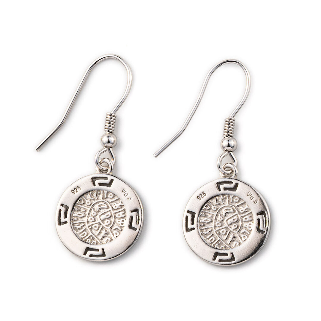 Phaistos Disc Dangle Earrings - 925 Sterling Silver with Opal