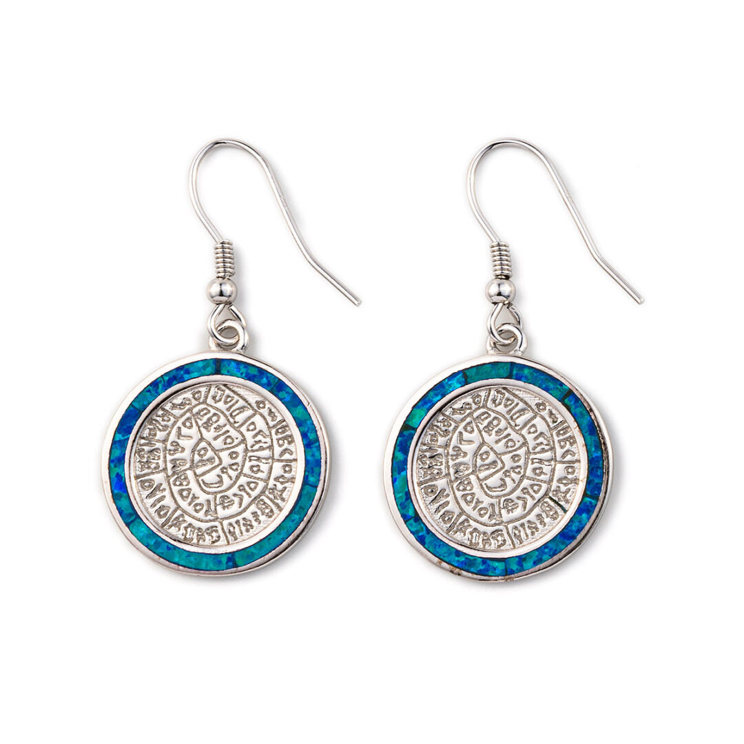 Phaistos Disc Dangle Earrings - 925 Sterling Silver with Opal