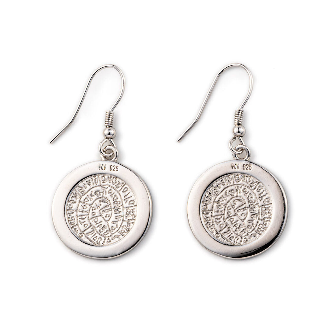 Phaistos Disc Dangle Earrings - 925 Sterling Silver with Opal