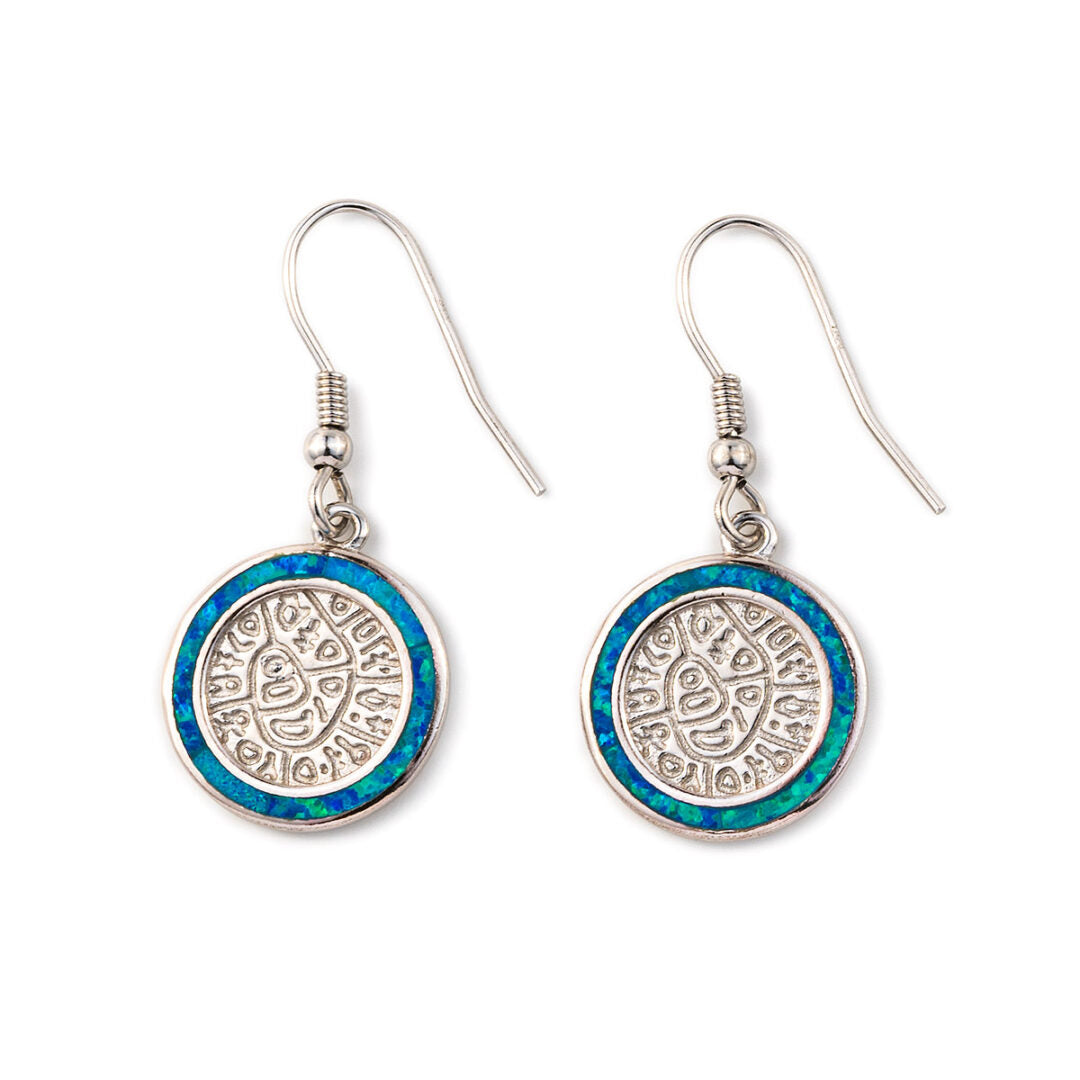 Phaistos Disc Dangle Earrings - 925 Sterling Silver with Opal
