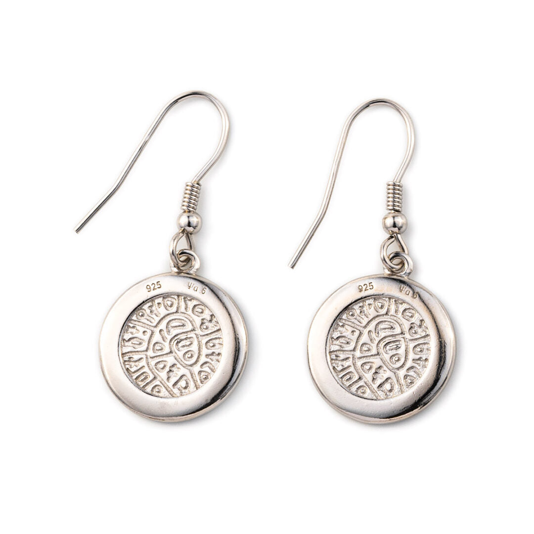 Phaistos Disc Dangle Earrings - 925 Sterling Silver with Opal