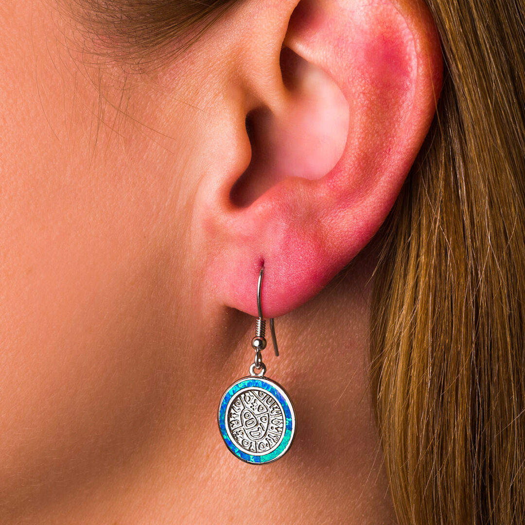 Phaistos Disc Dangle Earrings - 925 Sterling Silver with Opal
