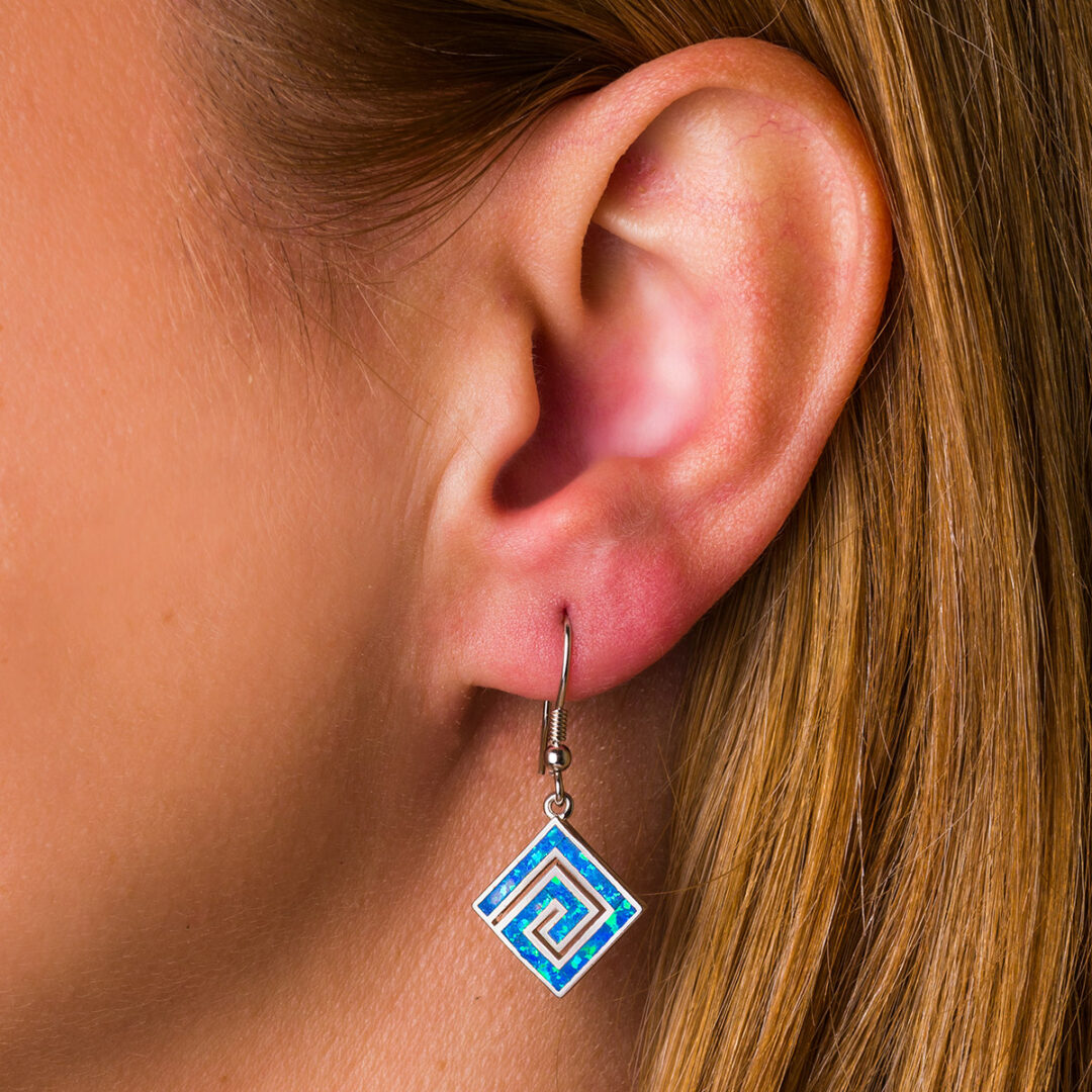Greek Key Blue Opal Dangle Earrings — Blue