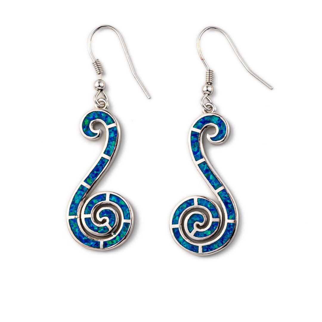 Blue Opal Silver Spiral Dangle Earrings — White