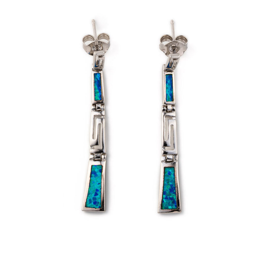 Blue Opal Dangle Earrings with Greek Key design