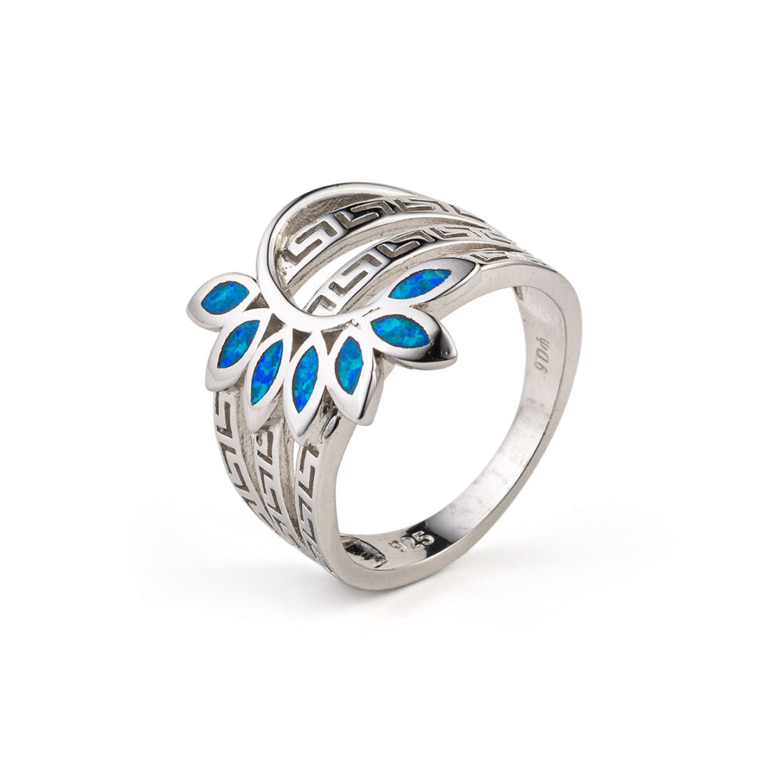 Leaf Greek Key Opal Ring- 925 Sterling Silver