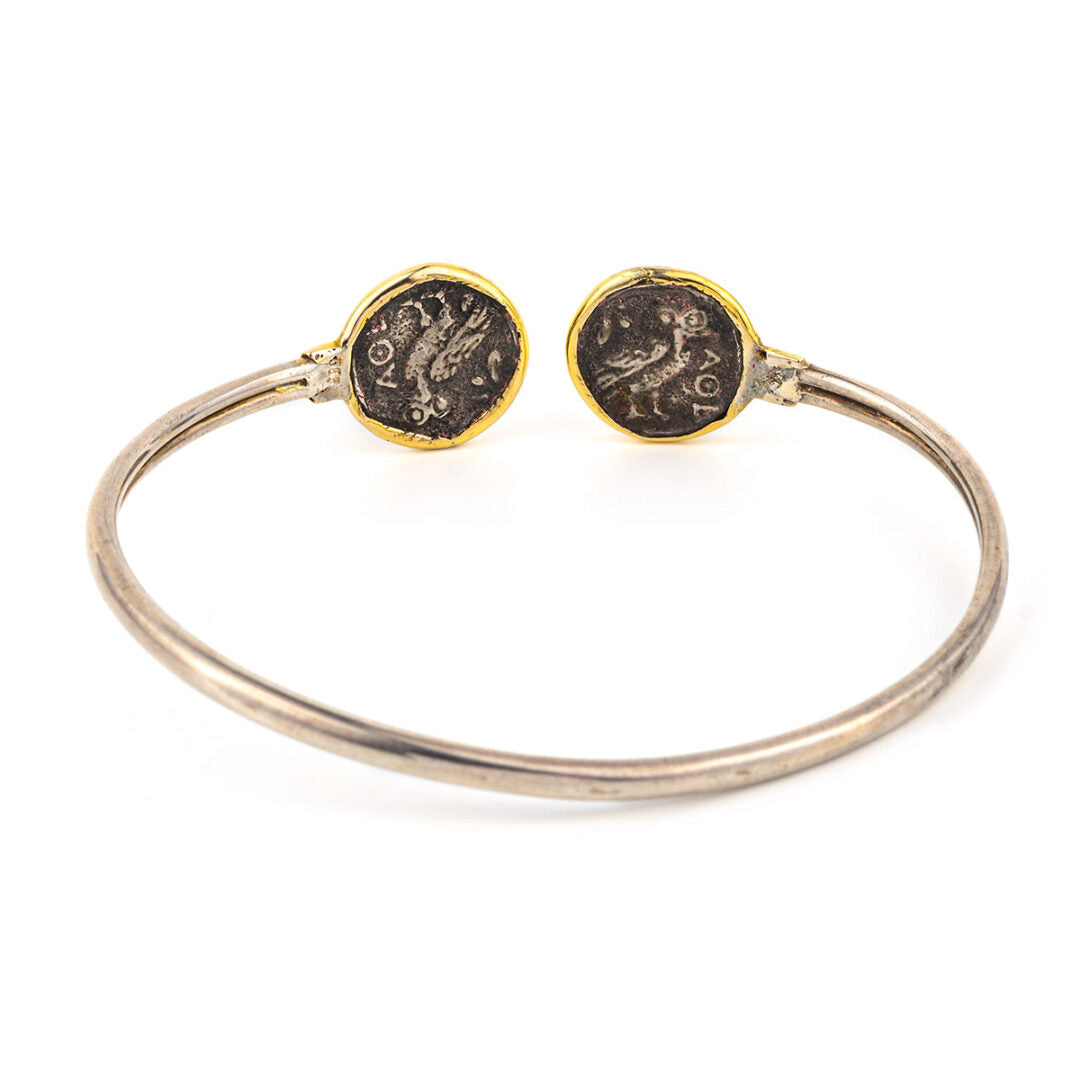 Double Goddess Athena Coin Hinge Bracelet – 14K Gold and Sterling Silver