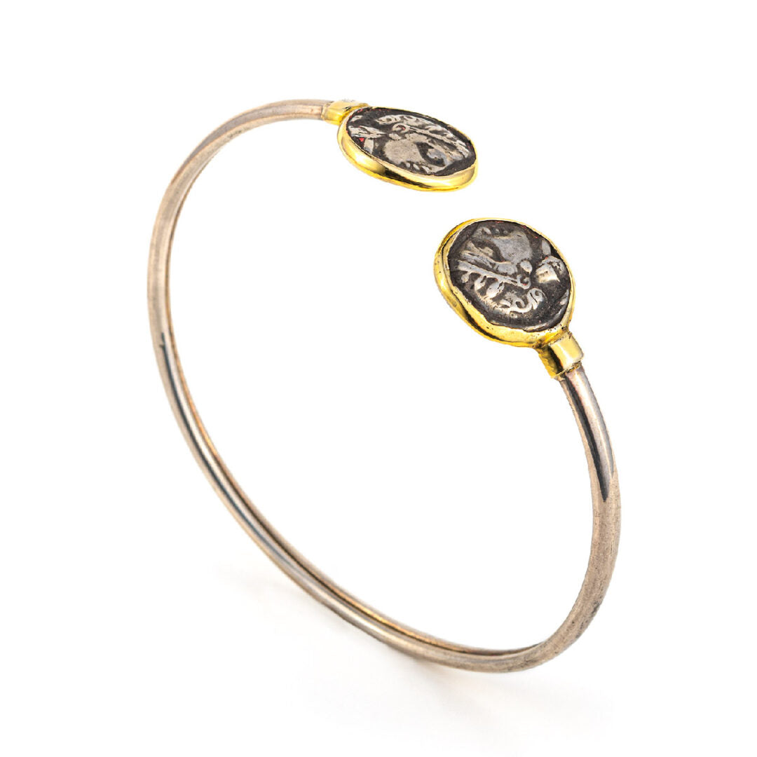 Double Goddess Athena Coin Hinge Bracelet – 14K Gold and Sterling Silver