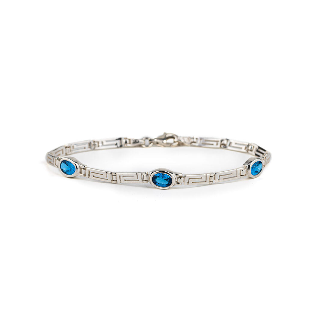 Greek Key Link Bracelet with Blue Zircon – 925 Sterling Silver — Blue