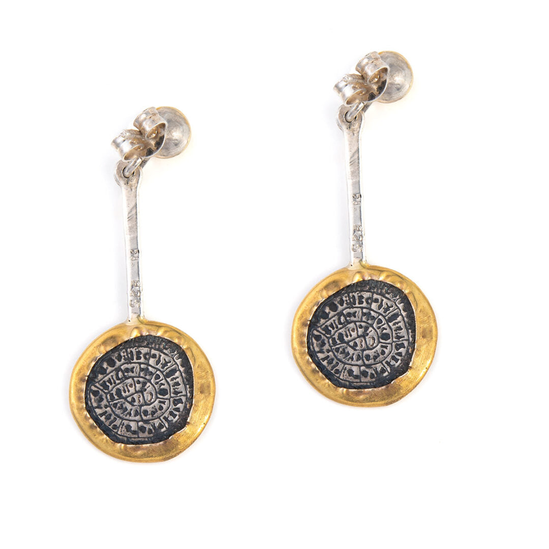 Phaistos Disc Dangle Earrings - 14K Gold and Sterling Silver