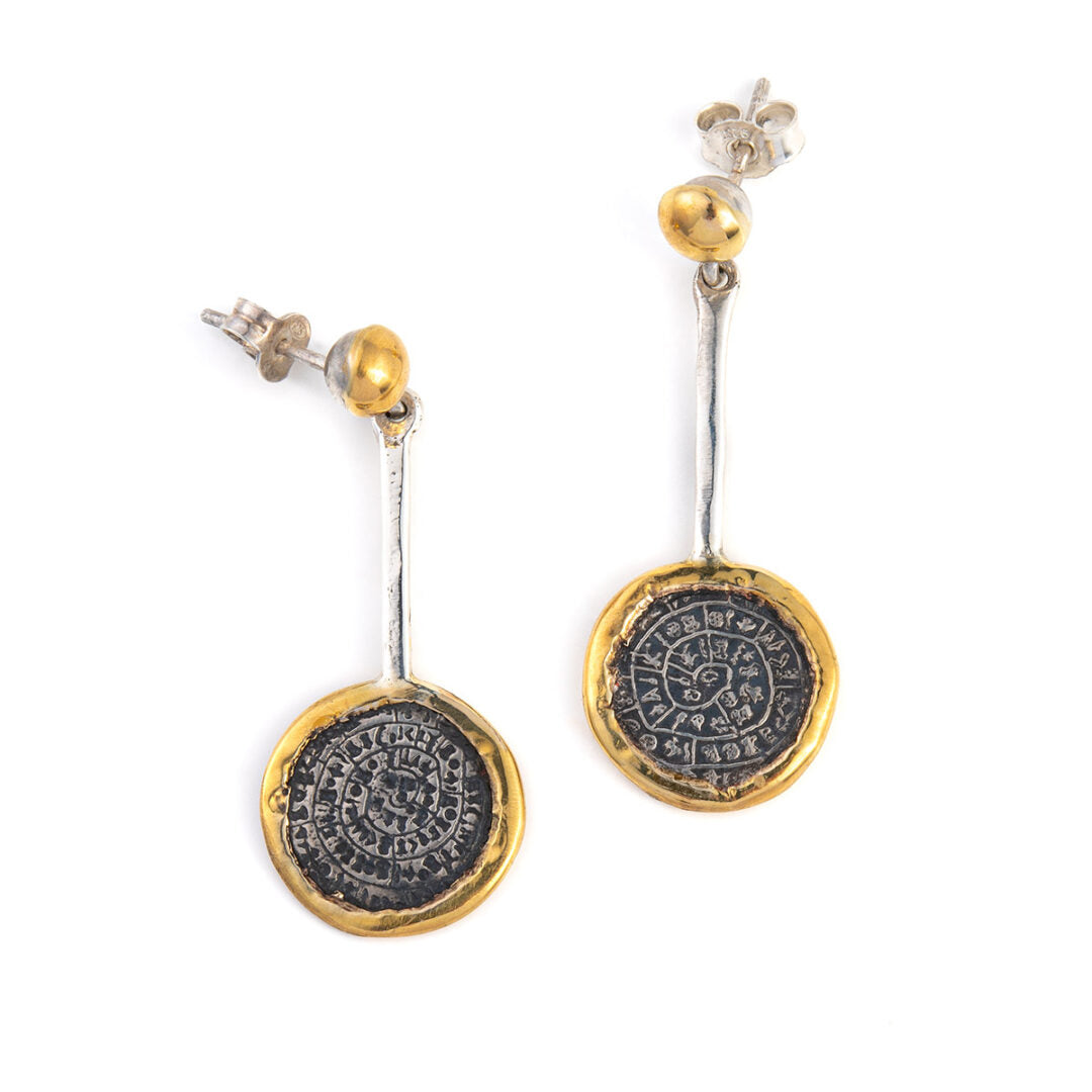 Phaistos Disc Dangle Earrings - 14K Gold and Sterling Silver