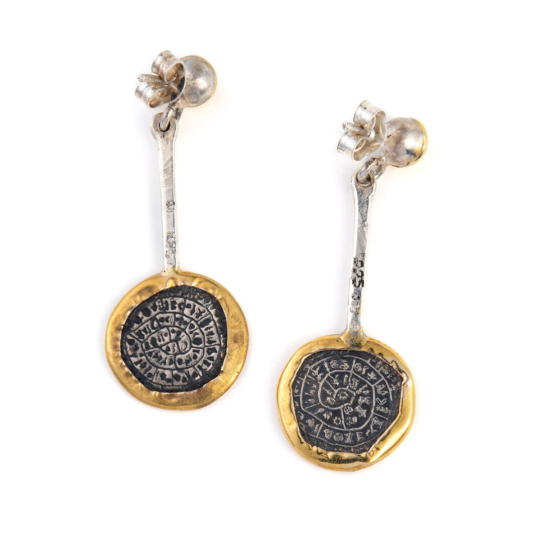 Phaistos Disc Dangle Earrings - 14K Gold and Sterling Silver