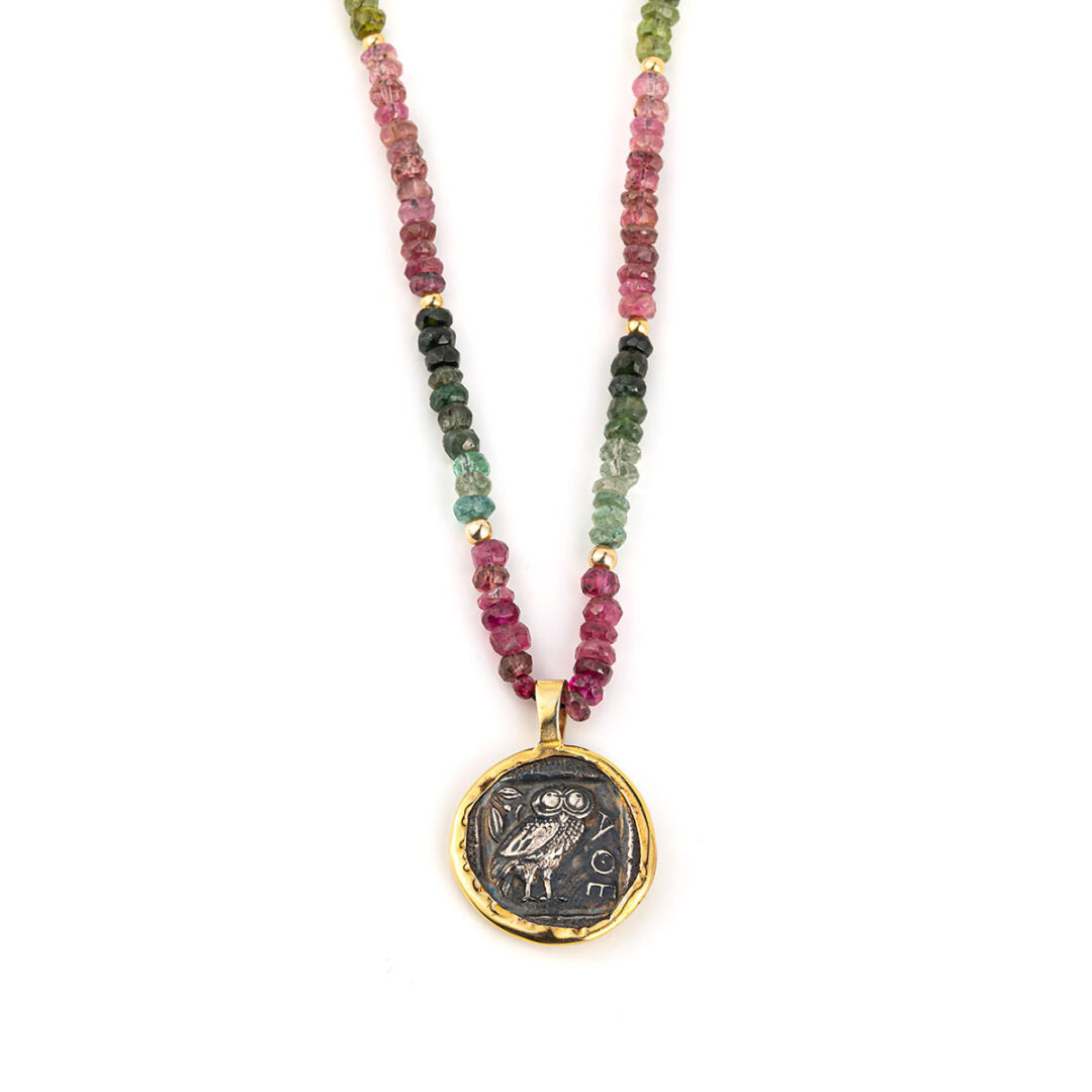 Athena Goddess Necklace - 14 K Gold and Sterling Silver with Tourmalines