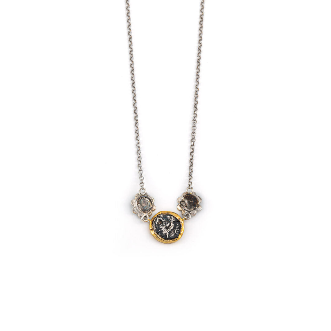 Athena Goddess Necklace with Rosettes - 14 K Gold and Sterling Silver