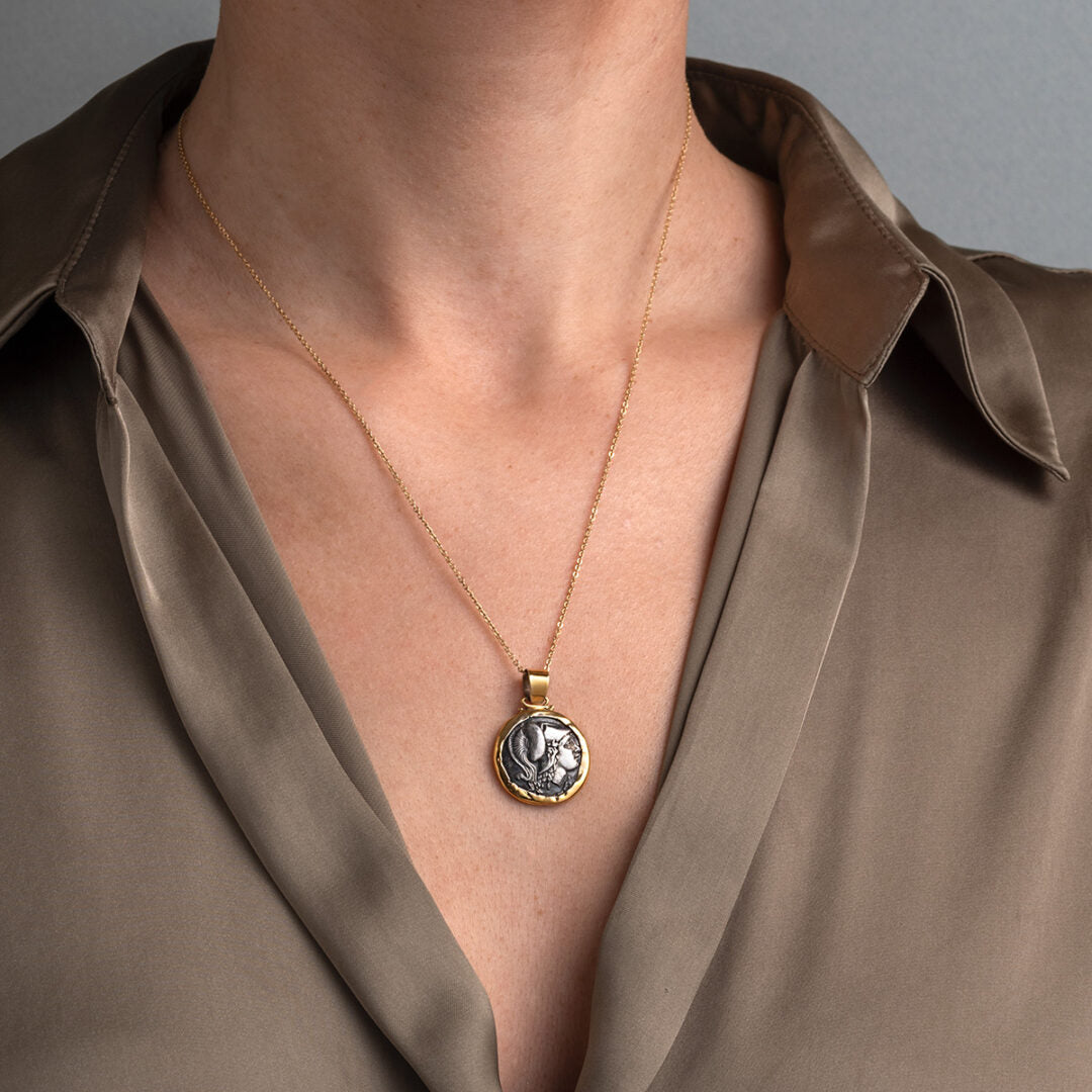 Athena Chalinitis Coin Pendant - 14K Gold 925 Sterling Silver