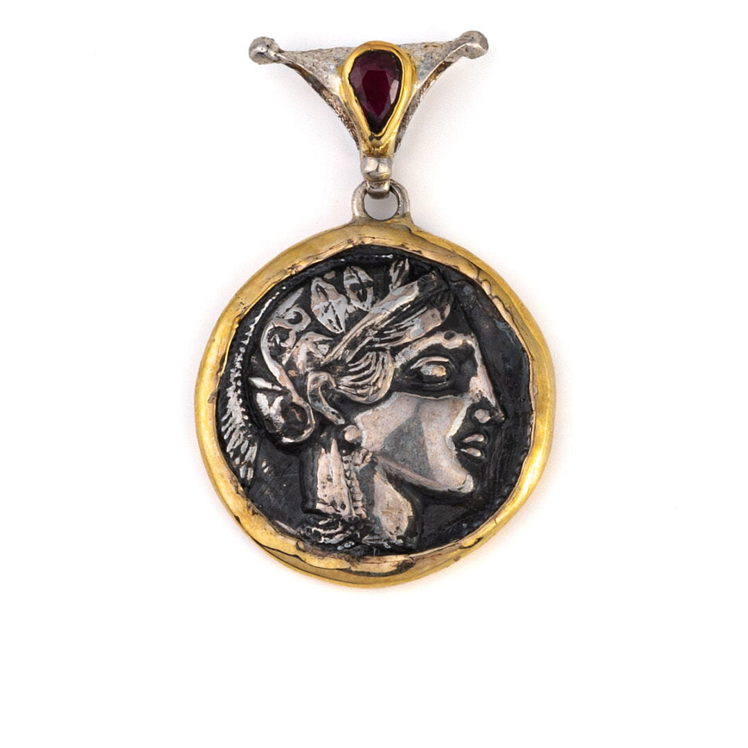 Greek Goddess Athena Pendant with Ruby - 14K Gold and Sterling Silver