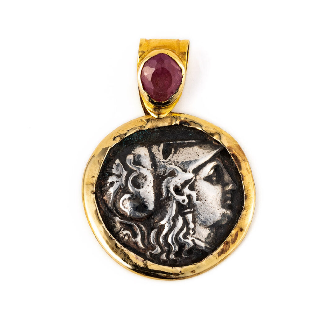 14K Gold Pendant with Goddess Athena and Ruby