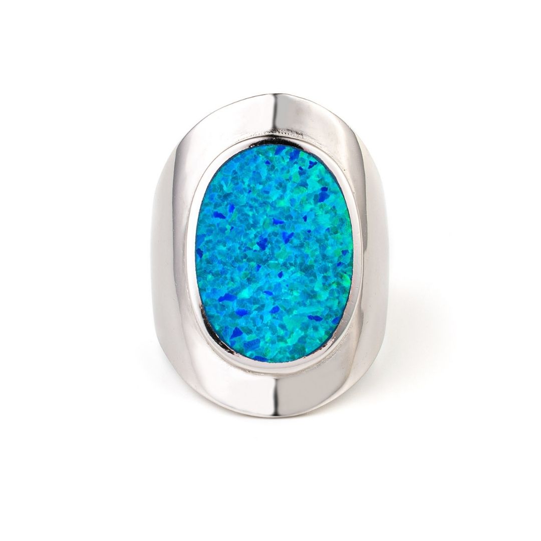 Round Blue Opal Ring - 925 Sterling Silver