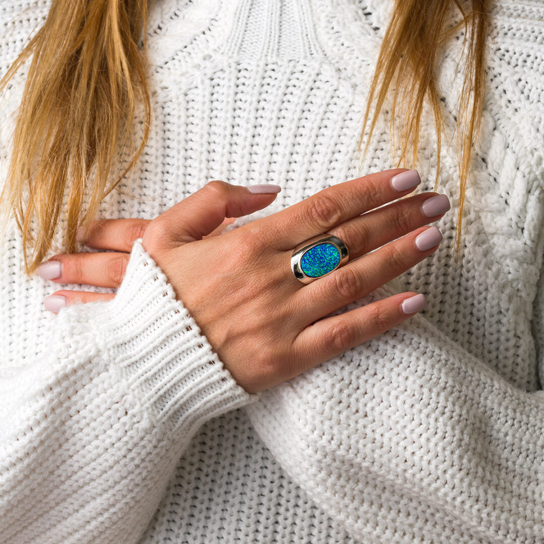Round Blue Opal Ring - 925 Sterling Silver