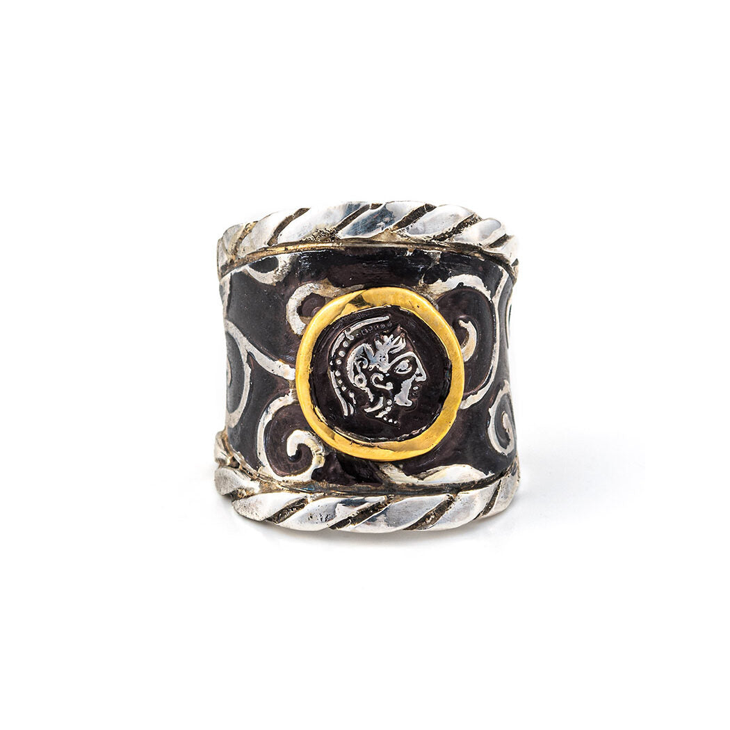 Goddess Athena Coin Ring - 14K Gold and 925 Sterling Silver