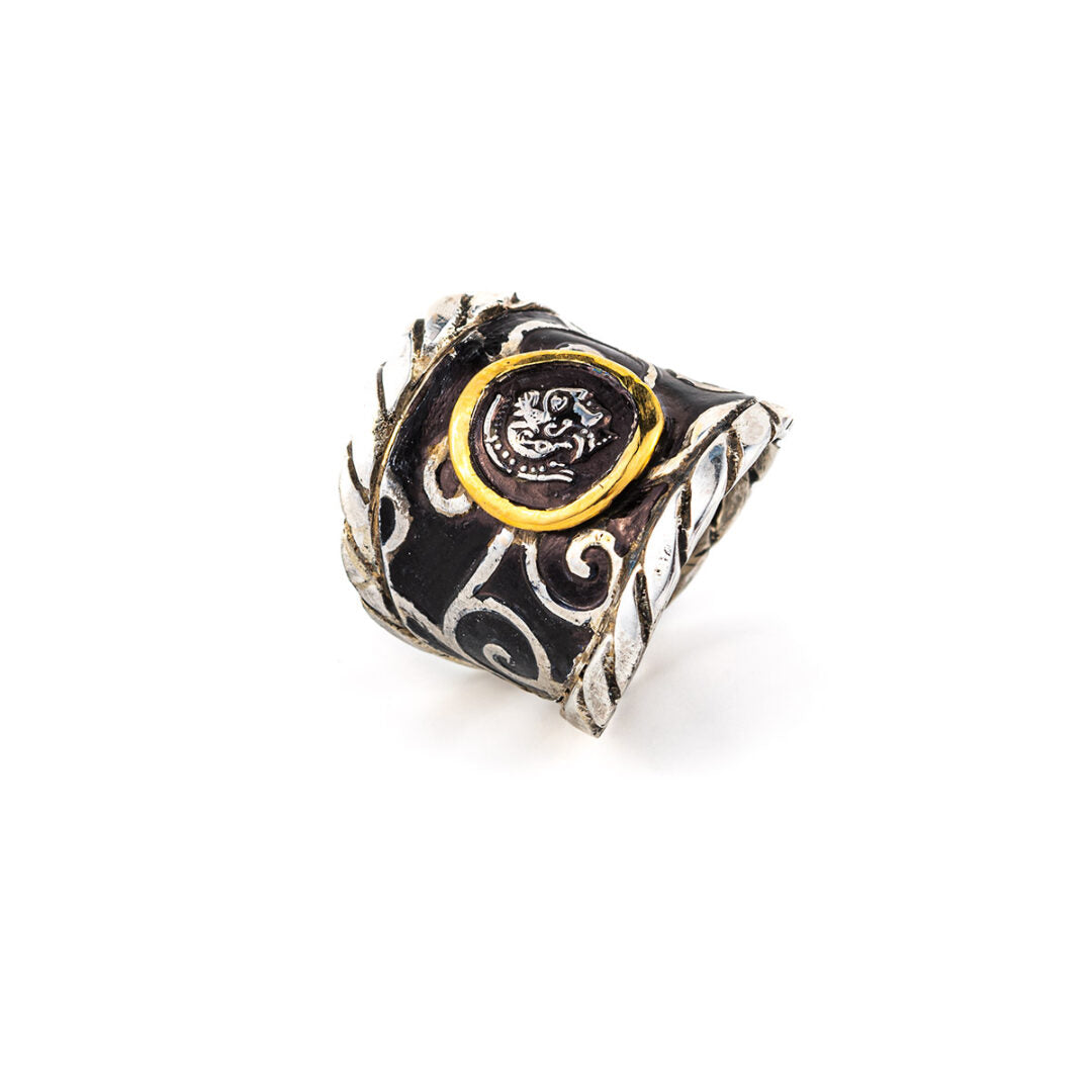 Goddess Athena Coin Ring - 14K Gold and 925 Sterling Silver