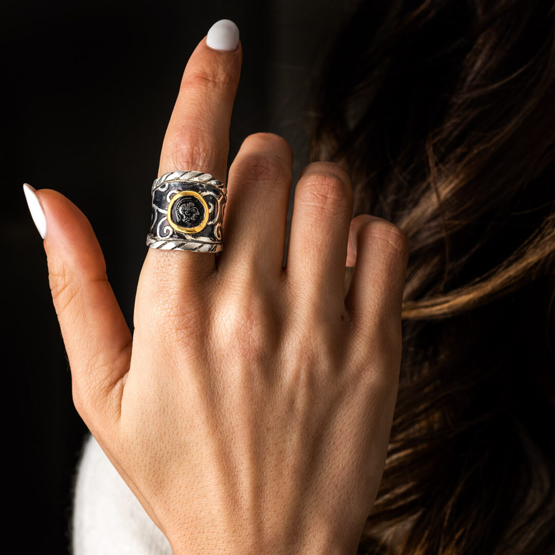 Goddess Athena Coin Ring - 14K Gold and 925 Sterling Silver