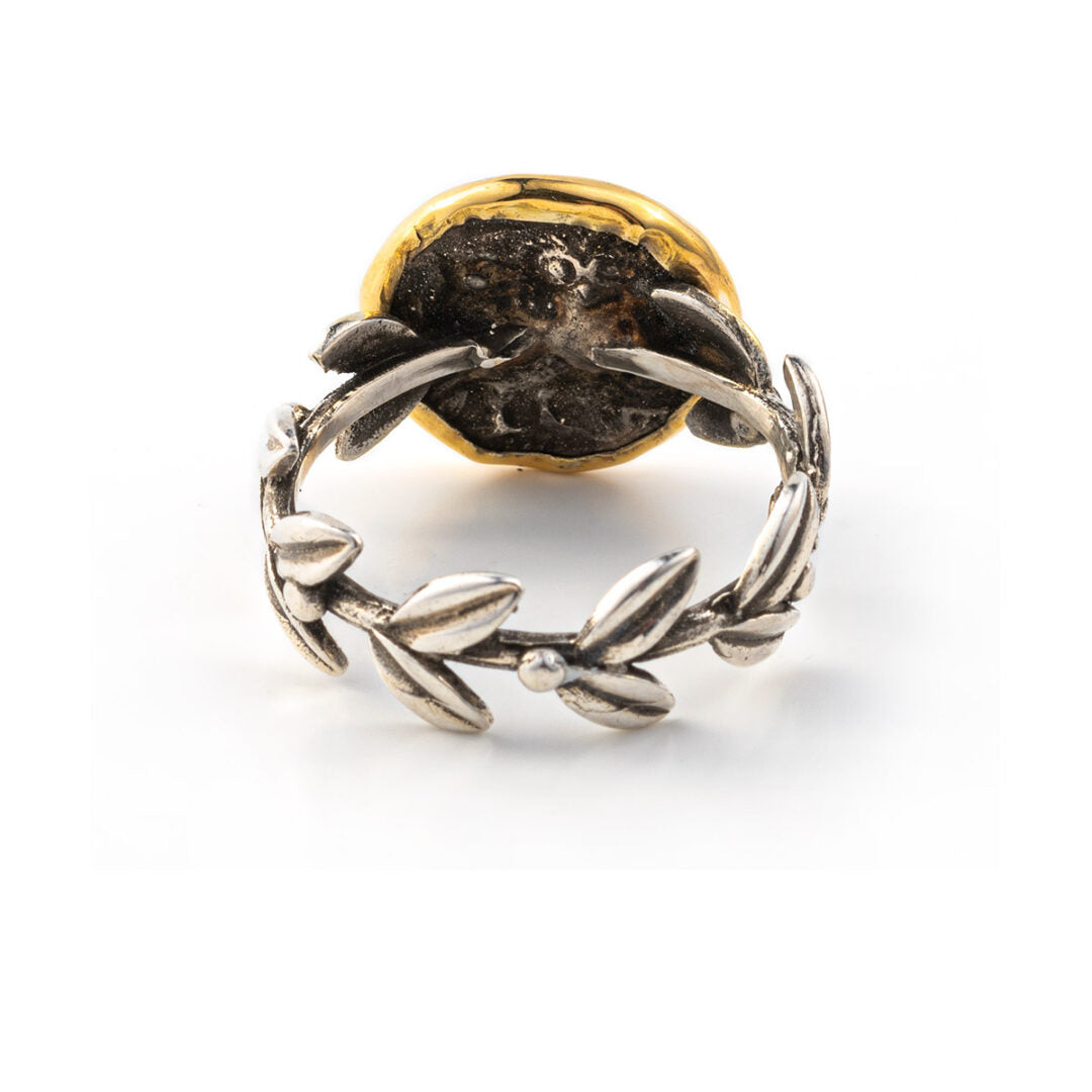 Goddess Athena Coin Ring with Leaves - 14K Gold and 925 Sterling Silver