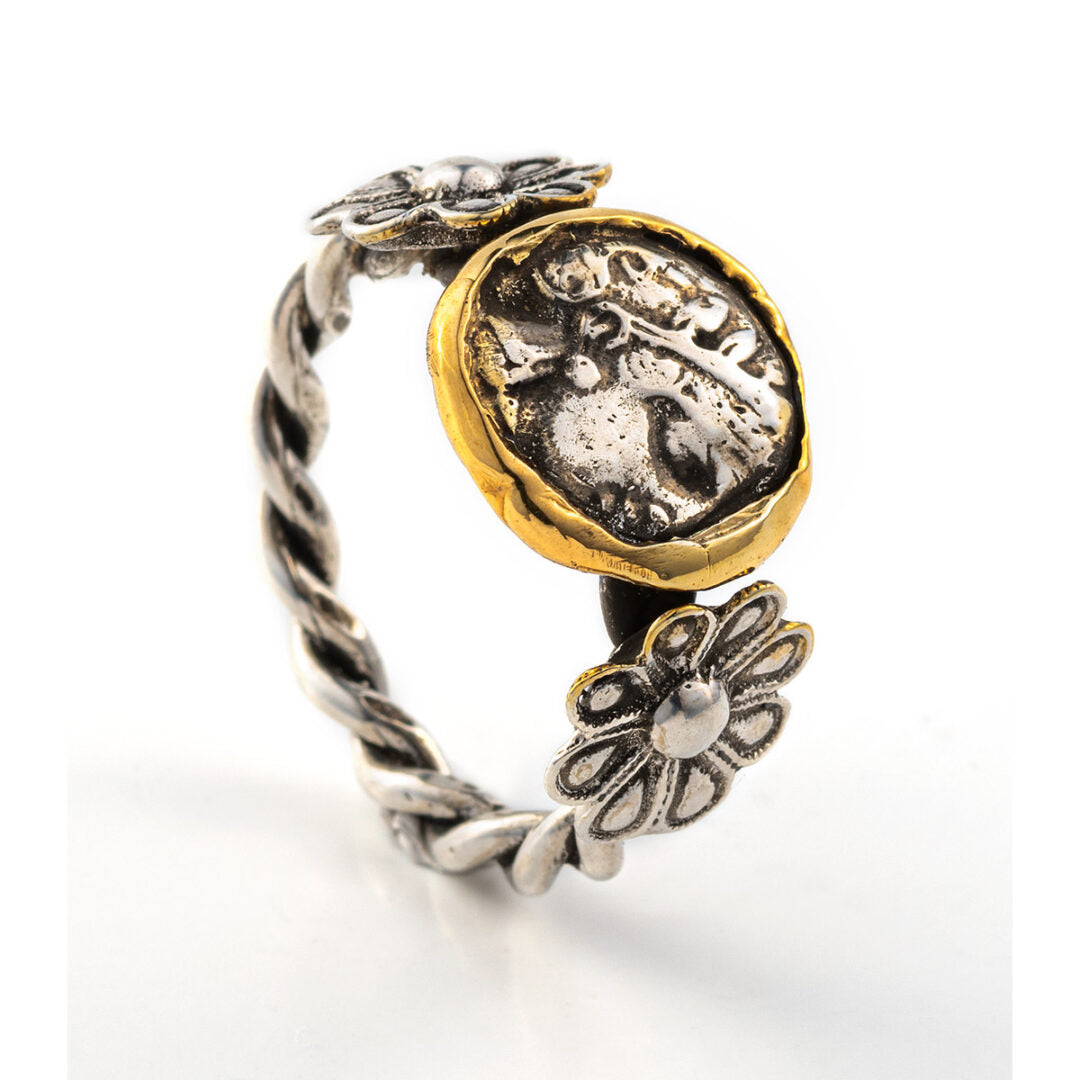 Goddess Athena Coin Ring with Rosettes - 14K Gold and 925 Sterling Silver