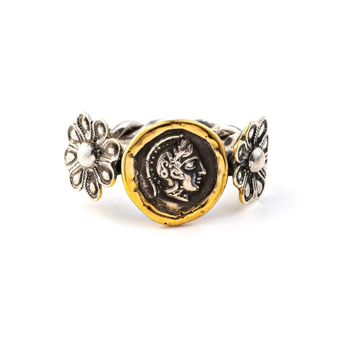Δαχτυλίδι Θεά Αθηνά με Ροζέτες - 14Κ Χρυσό και Ασήμι 925