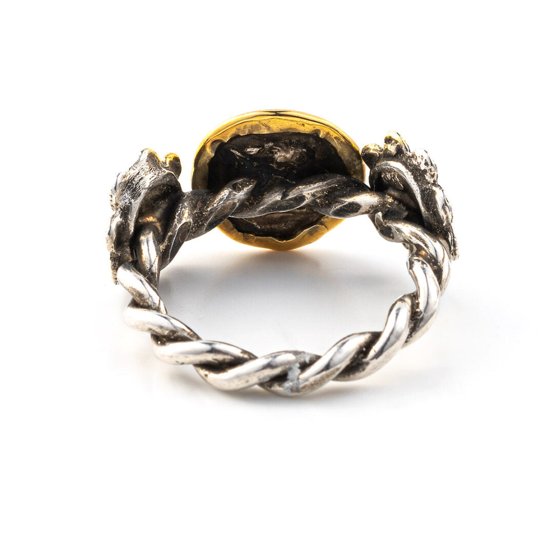 Goddess Athena Coin Ring with Rosettes - 14K Gold and 925 Sterling Silver