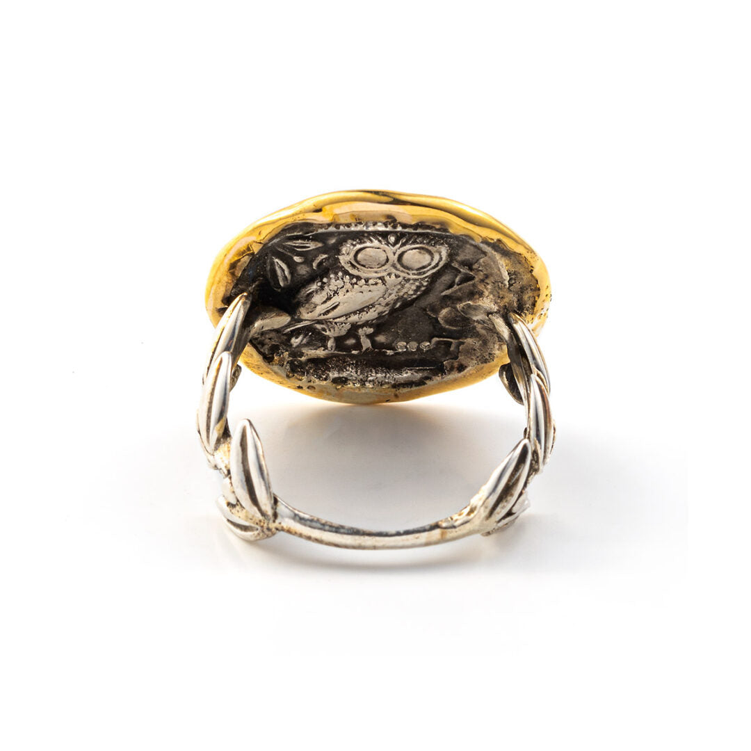 Goddess Athena and Owl Coin Ring - 14K Gold and 925 Sterling Silver