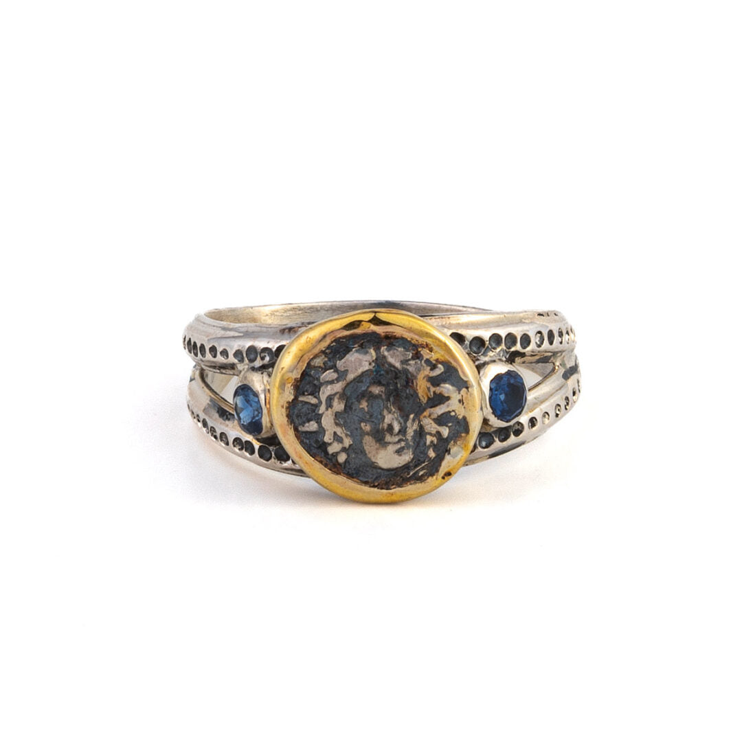 Helios Sun Ring with Sapphires - 14K Gold and Sterling Silver