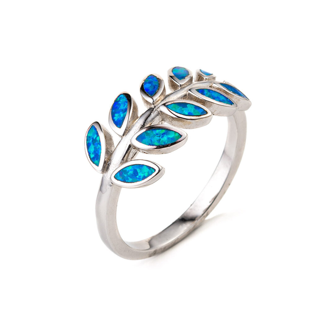 Olive Leaf Ring - 925 Sterling Silver with Blue Opal