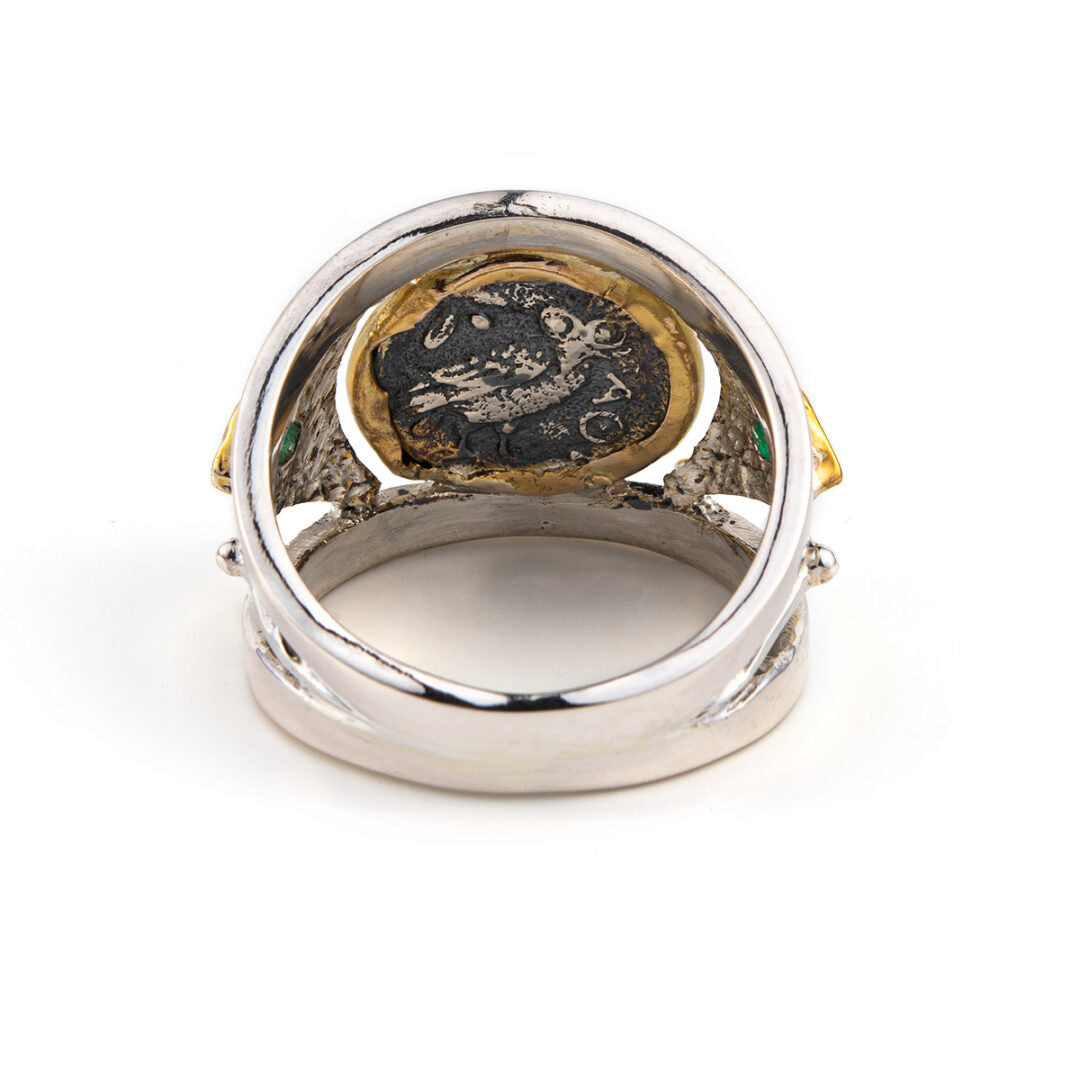 Goddess Athena Coin Ring with Emeralds - 14K Gold and 925 Sterling Silver