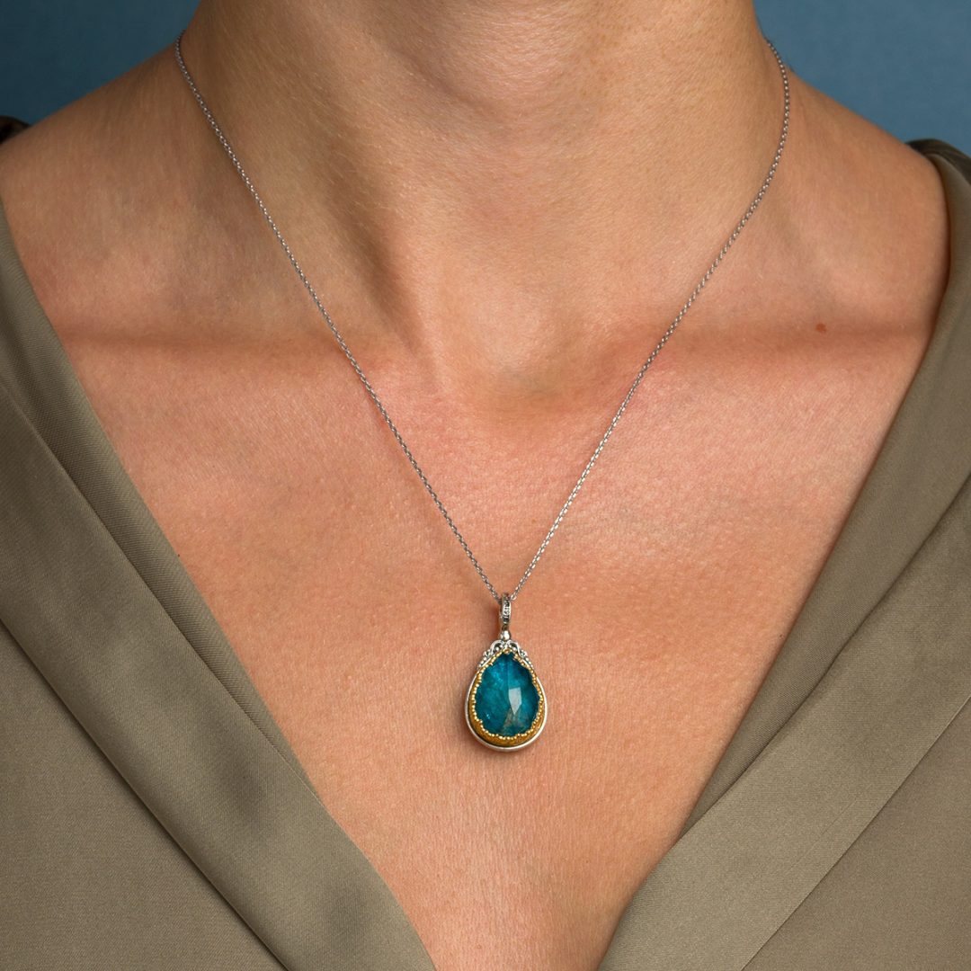 Gerochristo - Iris Drop Pendant in Sterling Silver with Apatite