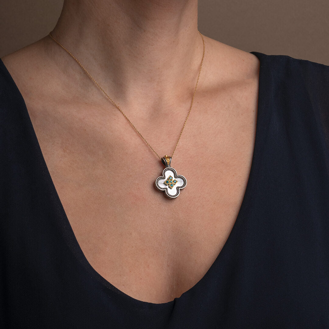 Gerochristo - Cross in sterling silver with Gold plated parts mother of pearl and zircons — Green