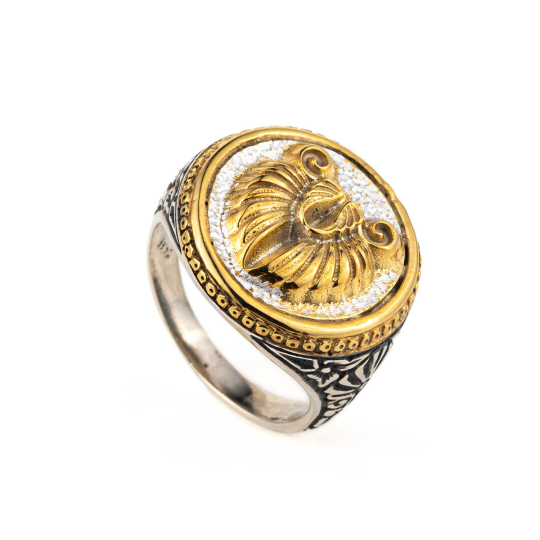 Ram's Head Coin Ring in Sterling Silver and Gold Plated