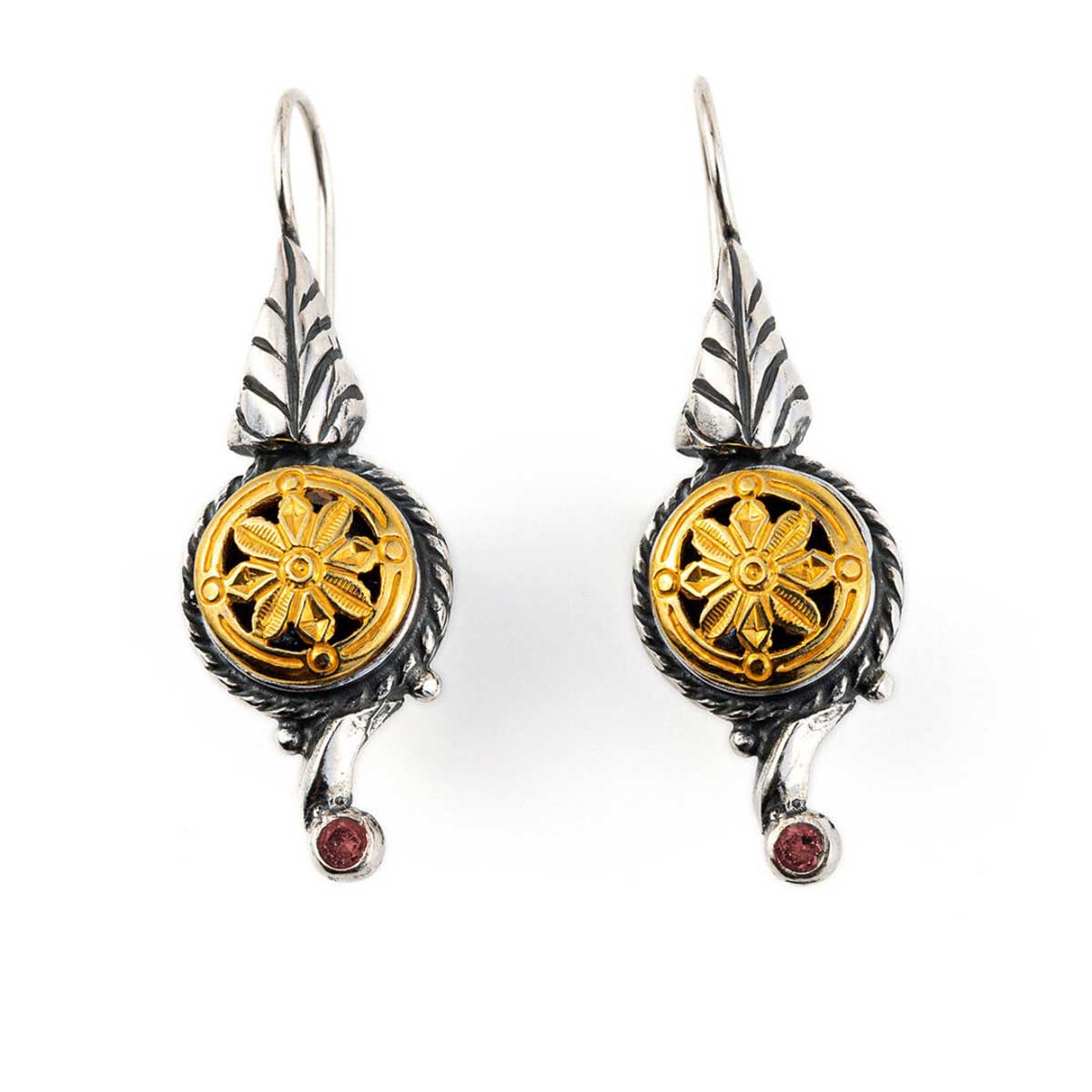 Vintage Engraved Flower Drop Earrings - silver and gold plated
