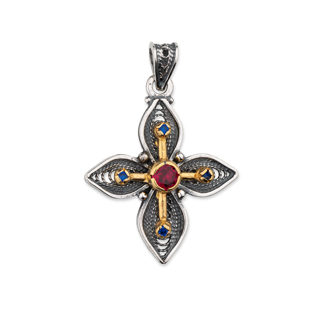 Oxidized & Gold Plated Cross Pendant – 925 Silver with Multicolor Zircons